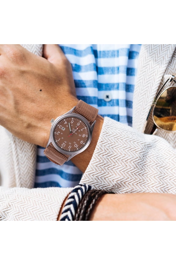 Men's Fashion Wristwatch with Brown Canvas Strap, Quartz Movement and Calendar Dial - 1 Piece