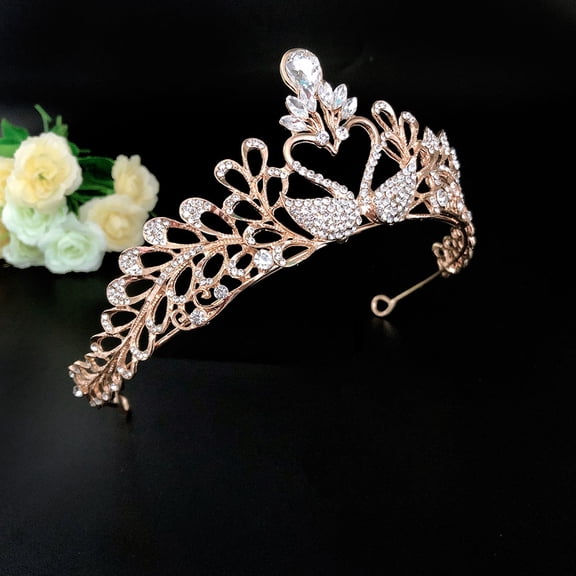 LOLIPPYY 1Pc Golden Bride Tiara Crown Rhinestone Swan Modeling Banquet Headdress