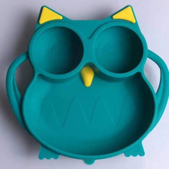 LOLIPPYY 1Pc Green Silicone Supplementary Food Plate with Owl Pattern and Strong Suction for Safe Feeding
