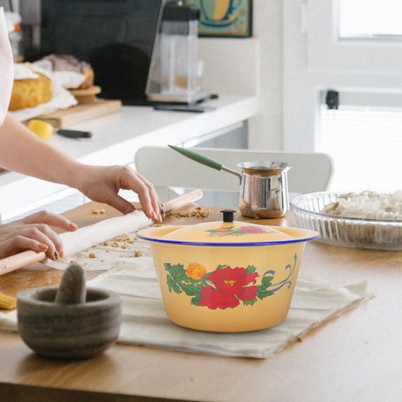 LOLIPPYY 1Pc Retro Enamel Lard Pot Vintage Style Mixing Bowl with Lid Multi Color Kitchen Use