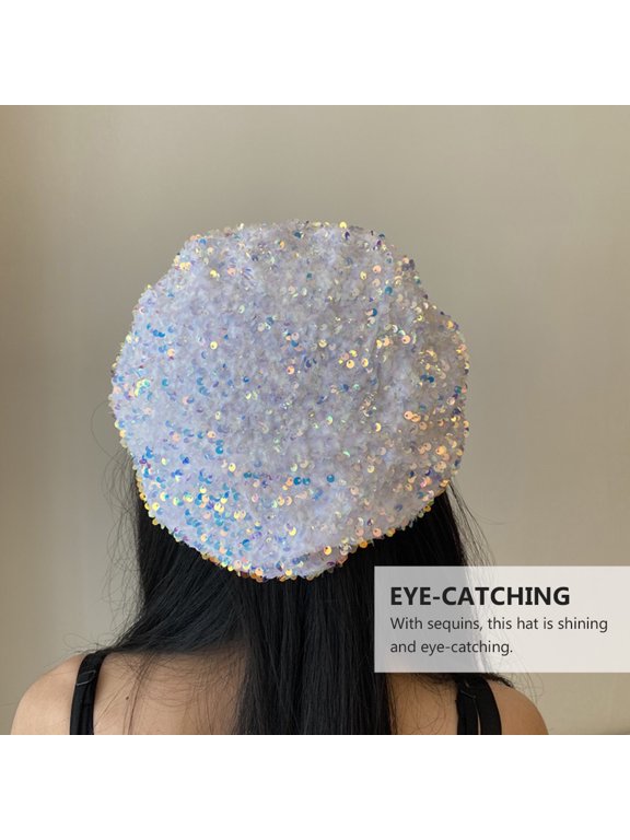 White Winter Beret with Sparkling Sequins, Stylish Fashion Hat for Autumn, Travel, Casual Wear, and Everyday Accessories