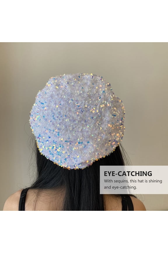1Pc White Winter Beret Sequin Fashion Hat Stylish Clothes Accessory for Autumn and Travel