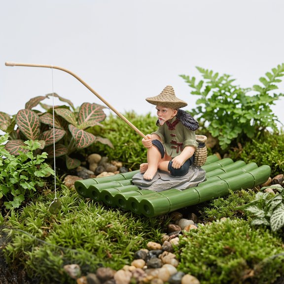 LOLIPPYY 1Set Asian Fisherman Figurine with Floating Raft for Fish Tank Landscape Ornament