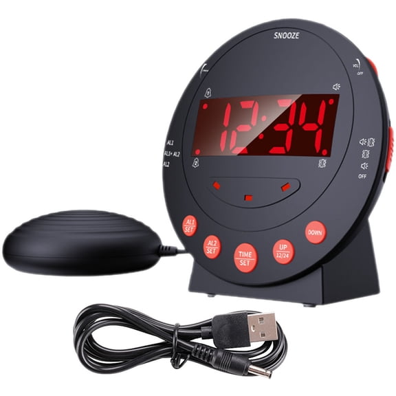 LOLIPPYY 1Set Bed Shaker Alarm Clock with Large LED Display and Adjustable Volume for Bedroom Use Black