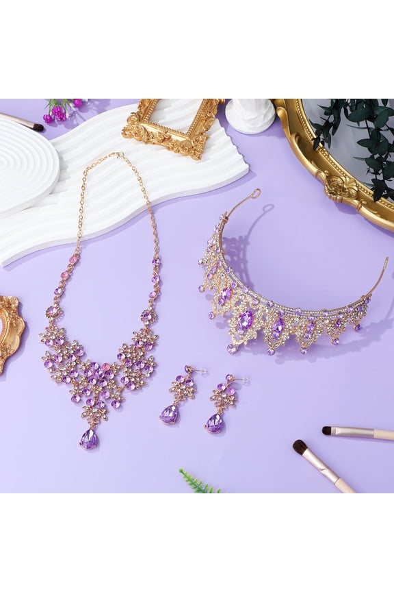 1Set Bride Accessories Purple Tiara Necklace and Earrings for Wedding and Banquet