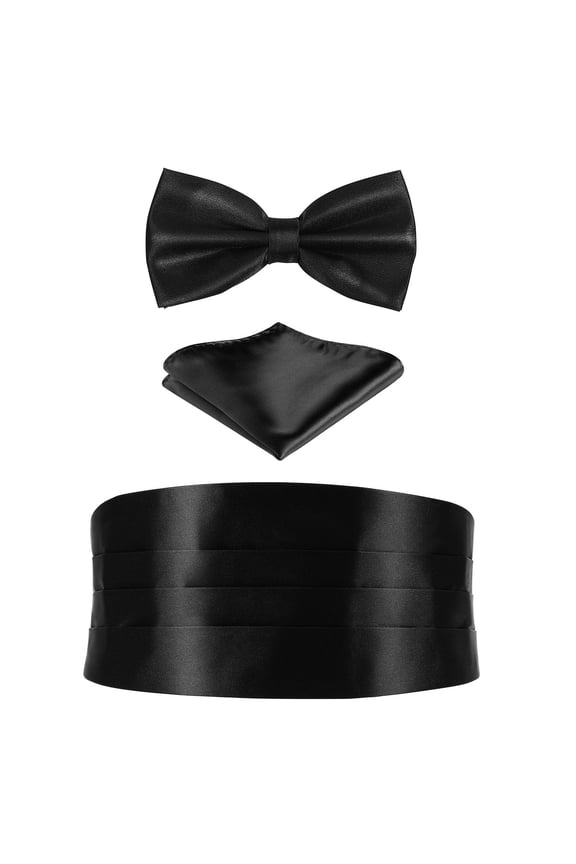 1Set Classic Black Polyester Bow Tie Cummerbund and Pocket Hanky Set for Formal Occasions
