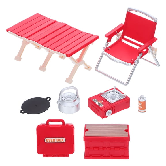 LOLIPPYY 1 Set Dollhouse Kitchen Miniature Red Folding Camping Chairs with Picnic Table and Barbecue Furniture