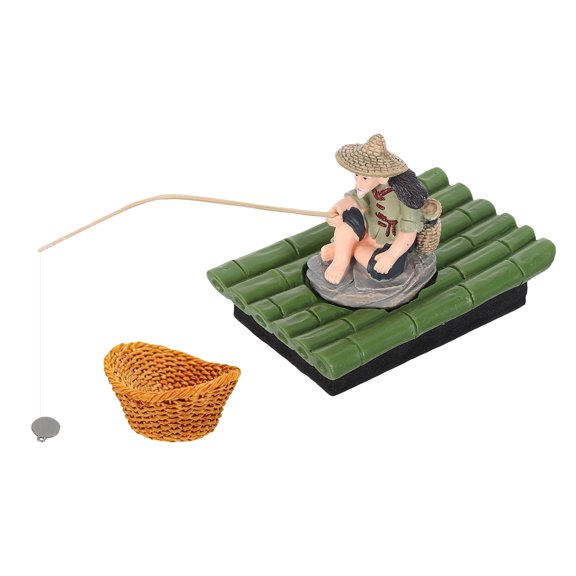 LOLIPPYY 1Set Floating Fish Tank Decoration with Asian Fisherman Statue and Bamboo Raft Ornament