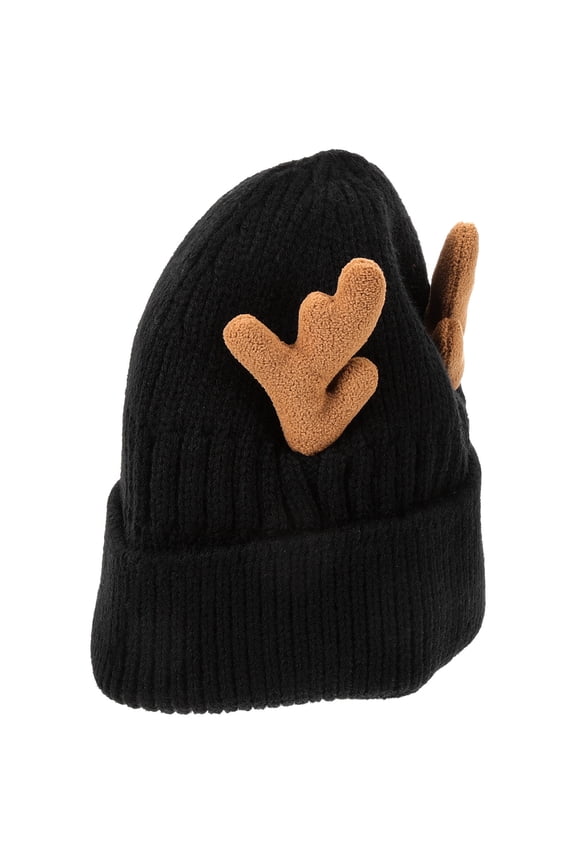 Black Knitted Antler Winter Hat for Adults, Warm Polyacrylonitrile Fiber, Cozy Outdoor Seasonal Headwear
