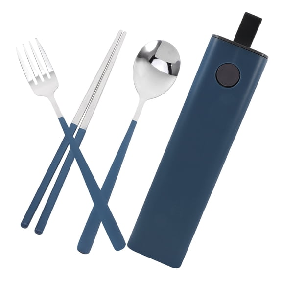 LOLIPPYY 1Set Reusable Silverware Set for Lunch Box Fork Spoon Chopsticks Stainless Steel with Blue Case