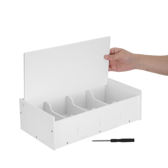 LOLIPPYY White Money Box with 4 Compartments, Wooden and Plastic Cash Organizer for Home and Office Desk Storage