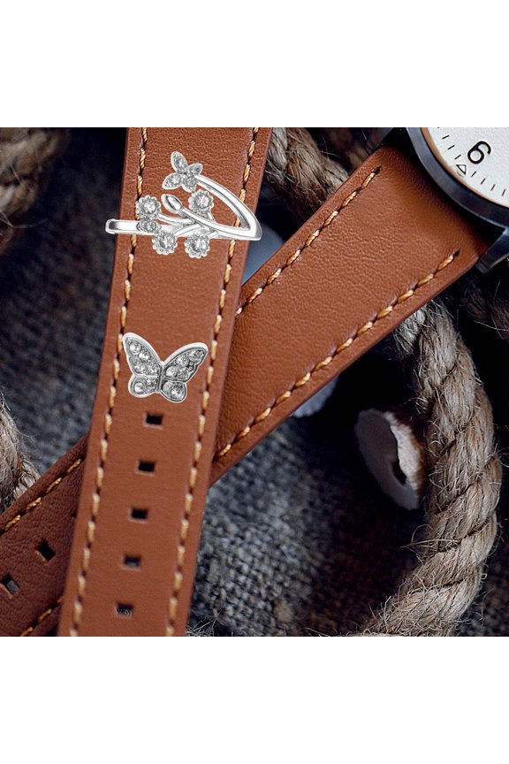 1Set Stylish Silver Alloy Watch Strap Jewelry Rings with Rhinestone Studs and Butterfly Charm