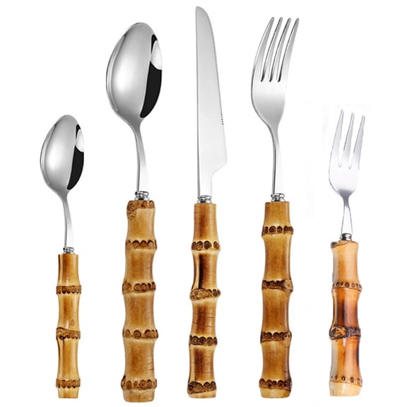 LOLIPPYY 1Set Western Style Reusable Stainless Steel Flatware Set with Bamboo Handle for Home and Restaurant