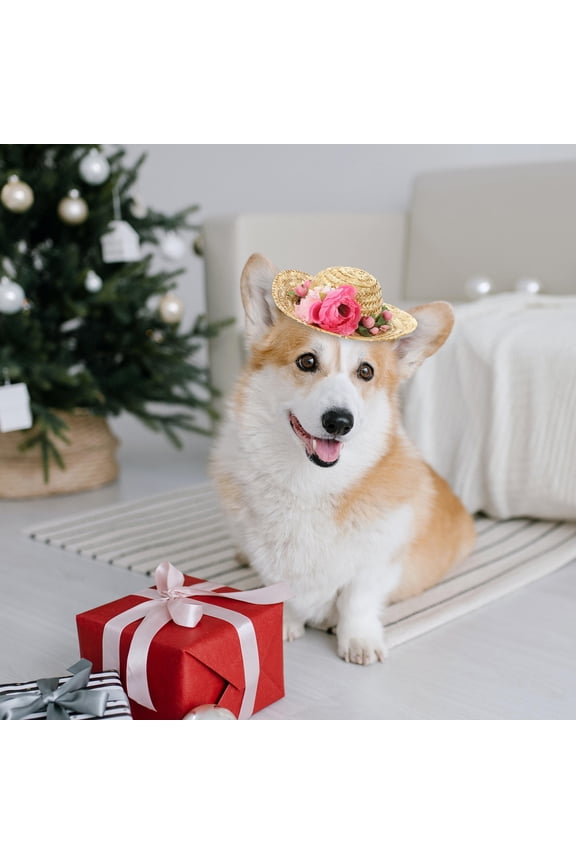 Small Dog Straw Hat with Floral Decoration, Cute Pet Accessory for Outdoor Events and Warm Sunny Weather