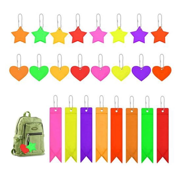 LOLIPPYY 24pcs Safety Reflector Pendants - High Visibility Reflective Keychains - Heart Star Streamer Reflector Pendant Tag - Safety Backpack Tag