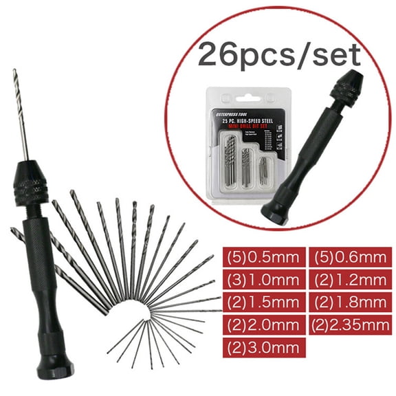 LOLIPPYY 26Pcs Single Ended Hand Drill with Round Handle Bits for Precise Rotary Drilling Black