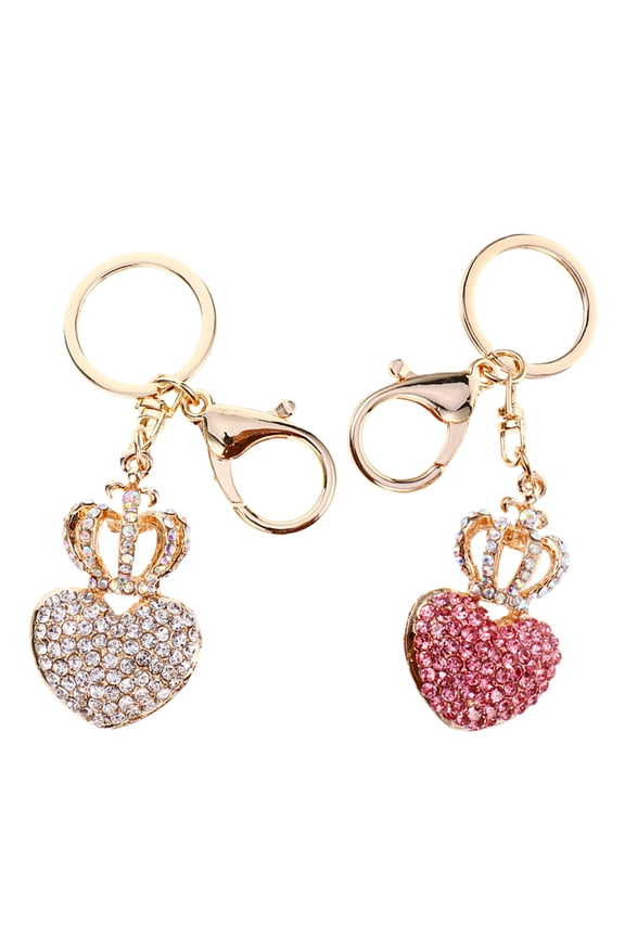 2PCS Cute Keychains Heart Shape Keyring For Women Purse Rhinestone Elegant Design