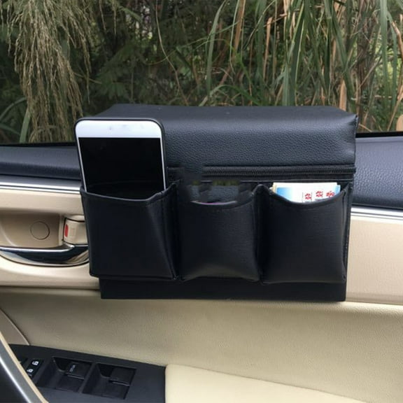 LOLIPPYY 2Pcs Auto Window Cushion with Pocket Black PU Car Organizer for Door Storage