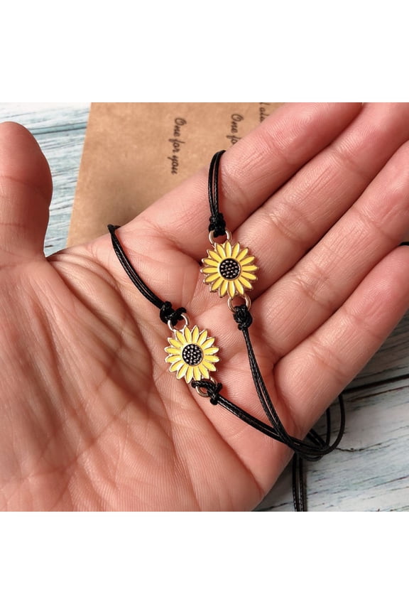 2Pcs Black Alloy Bracelet Sunflower Design Adjustable for Beach Holiday Decoration