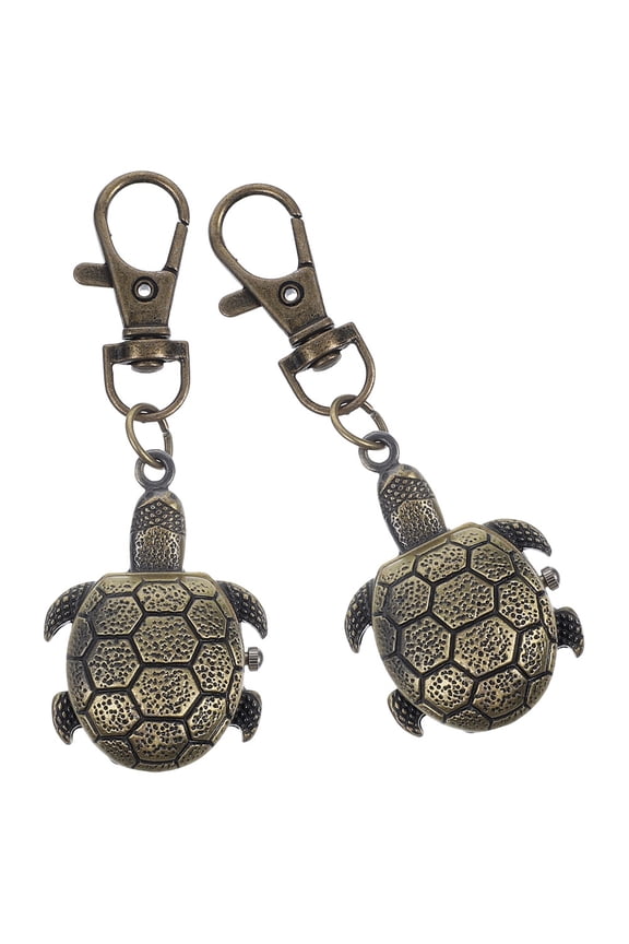 2Pcs Vintage Bronze Style Pocket Watch Keychain with Turtle Design and Quartz Movement