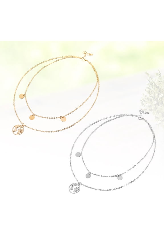 2-Pack Double Layer World Map Pendant Necklace with Fine Detail in Multiple Assorted Colors