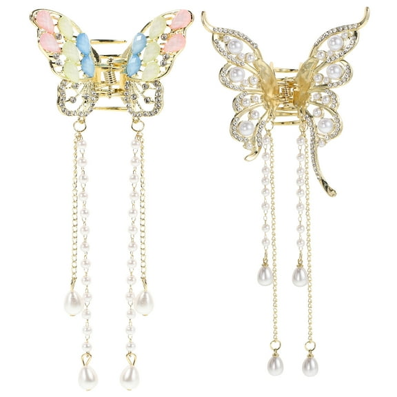 LOLIPPYY 2Pcs Golden Butterfly Claw Clips with Rhinestone Tassels Alloy Metal Hair Accessories for Elegant Hairstyles