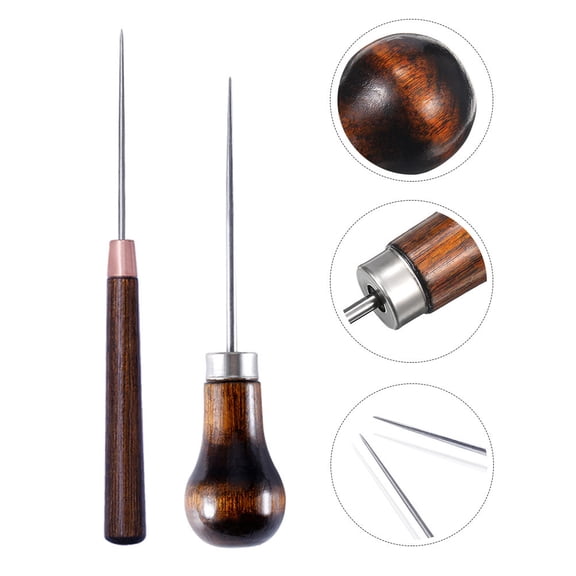 LOLIPPYY 2Pcs Handheld Awl Tool Sewing Brown Wood for Sewing and Diy Projects