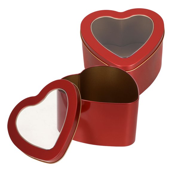 LOLIPPYY 2Pcs Heart Shaped Red Metal Tin Boxes with Clear Window for Organizing Candies and Office Supplies