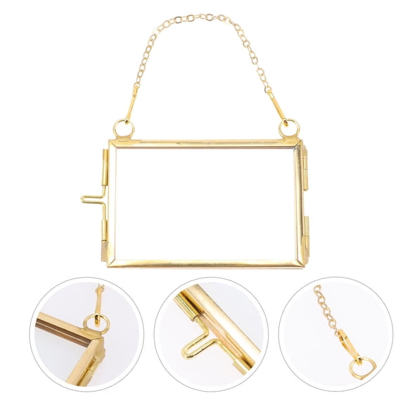 LOLIPPYY 2Pcs Horizontal Golden Glass Floating Frame with Hanging Chain for Wall Display