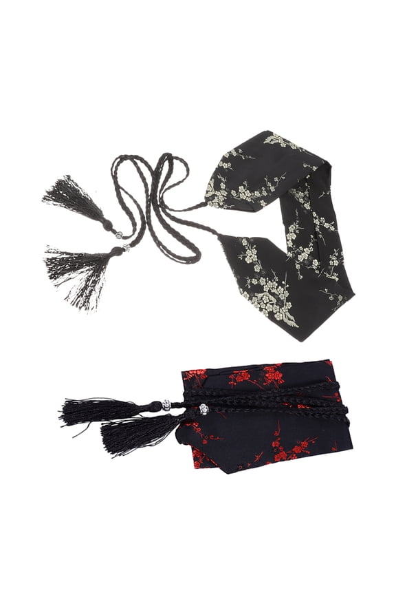 2Pcs Japanese Kimono Belt Wide Floral Wrap Tie with Embroidered Tassel for Dress Party