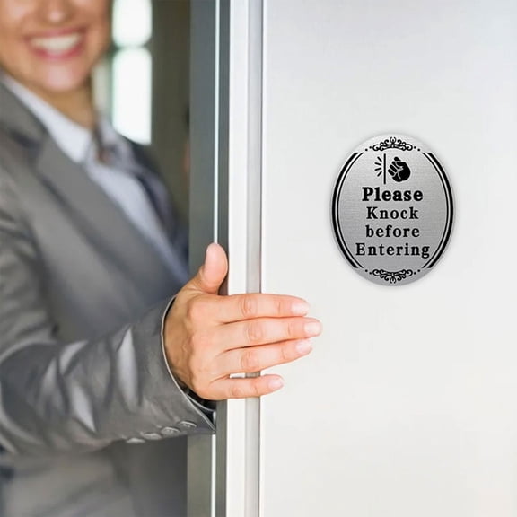 LOLIPPYY 2Pcs Knock Before Entering Door Sign Black Metal Plate Sticker for Bedroom Front Door Use