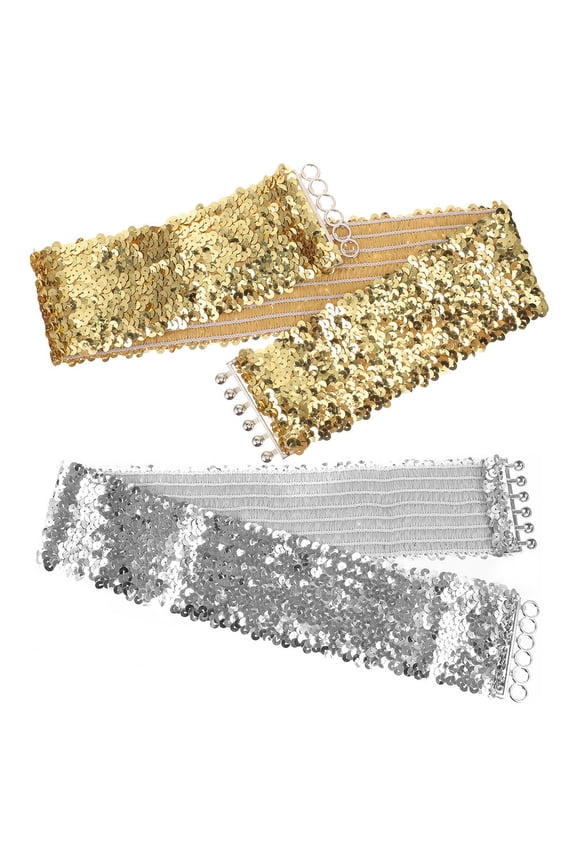 2Pcs Multi Color Glitter Stretch Waist Belt Wide Elastic Belt for Dance and Party Wear