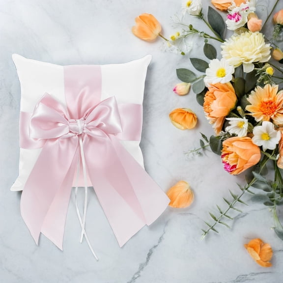 LOLIPPYY 2Pcs Pink Ribbon Ring Pillow with Bow Luxury Wedding Ring Holder Cushion for Bridal Party
