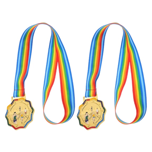 LOLIPPYY 2Pcs Plated Gold Metal Running Award Medals with Neck Ribbon for Marathon Race Event Prizes
