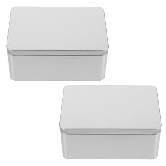 LOLIPPYY 2Pcs Plated Silver Rectangular Tin Boxes with Lid for Portable Storage Organizer Multi Purpose Metal Case