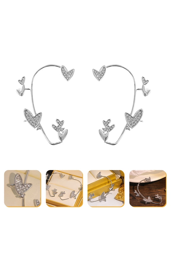 2Pcs Rhinestone Heart Ear Cuffs No Piercing Clip on Earrings for Elegant Look