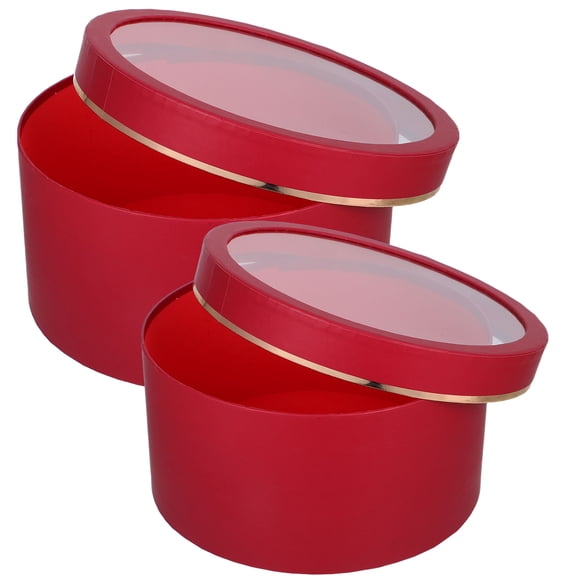 LOLIPPYY Set of 2 Red Round Flower Boxes with Lids, PVC Floral Boxes for Bouquet Storage and Presentation
