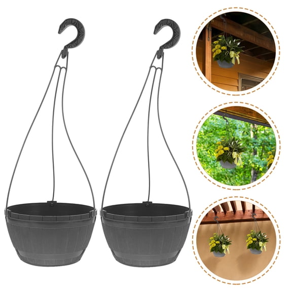 LOLIPPYY 2Pcs Self Watering Hanging Pots with Faux Wood Barrel Texture Plastic Planters for Indoor and Outdoor Use