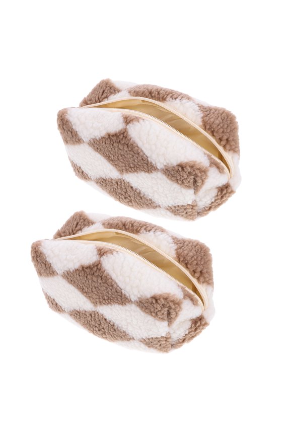 2-Pack Small Khaki Makeup Bags with Plush Checkered Pattern, Perfect for Travel and Daily Organization