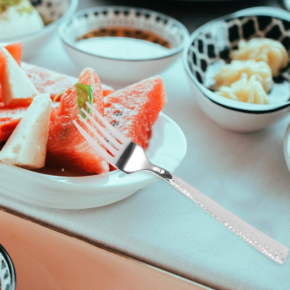 LOLIPPYY 2Pcs Stainless Steel Forks with Modern Long Handle Hammered Surface for Gatherings Appetizers Silver