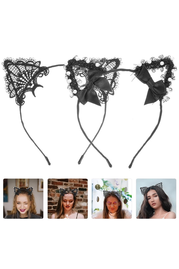 2Pcs Stylish Black Cat Ear Headbands with Lace Design Fashion Hair Accessories