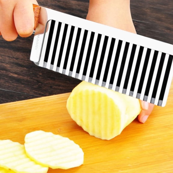 LOLIPPYY 2Pcs Wave Shaped Potato Cutter Stainless Steel and Wood French Style Slicer for Kitchen Use