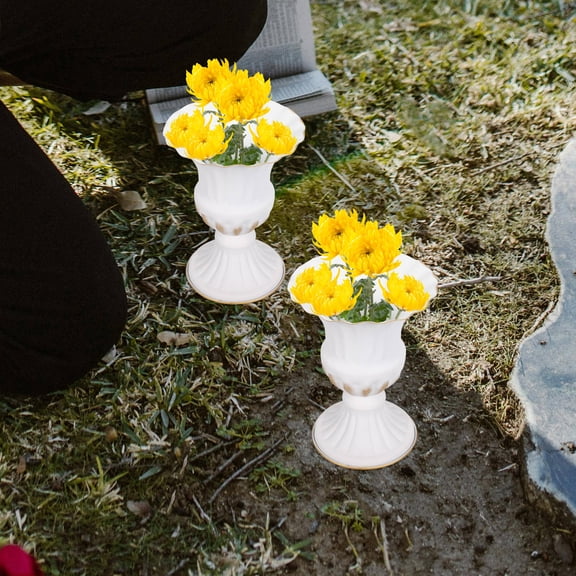 LOLIPPYY Set of 2 White Iron Urn with Stable Base, Decorative Outdoor Flower Pots for Lawn, Garden, Graveyard Use