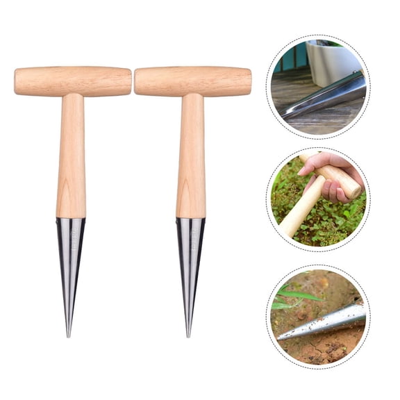 LOLIPPYY 2Pcs Wooden Hand Dibber Garden Planting Tool with Polished Handle for Soil Loosening