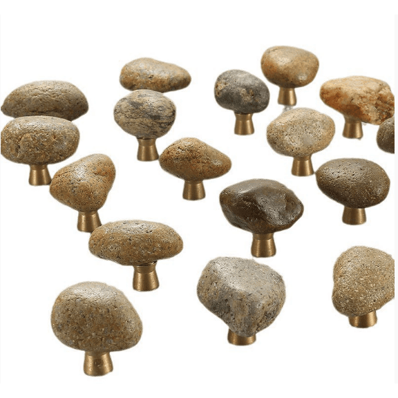 LOLIPPYY 2pcs Cabinet Handles with Irregular Rock Drawer Knobs and Brass Base - Natural Stone Dresser Pulls, Unique Single Hole Rustic Furniture Decoration
