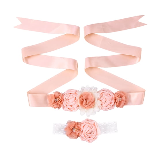 LOLIPPYY 2-Piece Flower Girl Sash and Headband Set with Rhinestone Satin Ribbon Flower Belly Band for Wedding or Special Occasion Dress