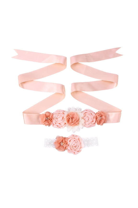 2-Piece Flower Girl Sash and Headband Set with Rhinestone Flower Satin Ribbon Belly Band for Wedding or Evening Dress