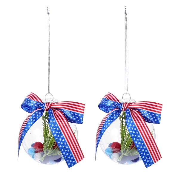 LOLIPPYY 2pcs Independence Day Plastic Balls Ribbon Bows Hanging Ornaments Outdoor Decoration Usa Memorial Day Supply For Garden And Balcony