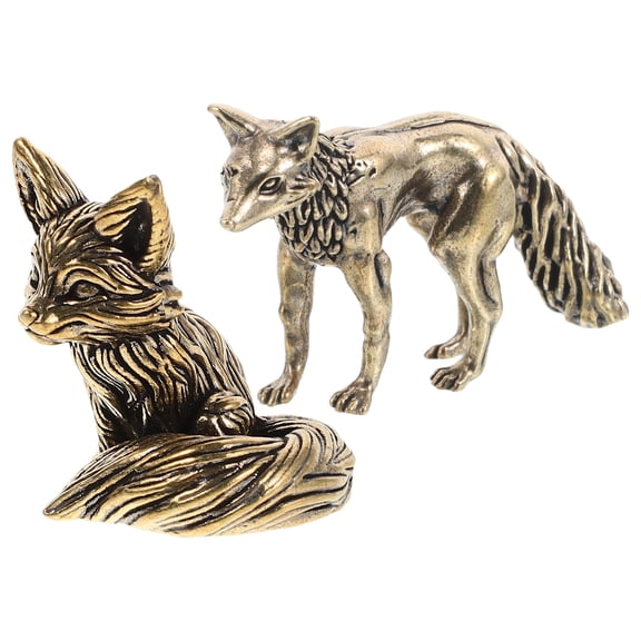 LOLIPPYY 2pcs Mini Fox Figurines: Tiny Brass Animal Figure Fengshui Wealth Statue Vintage Animal Sculpture for Home Office Car Dashboard Tea Table Decor