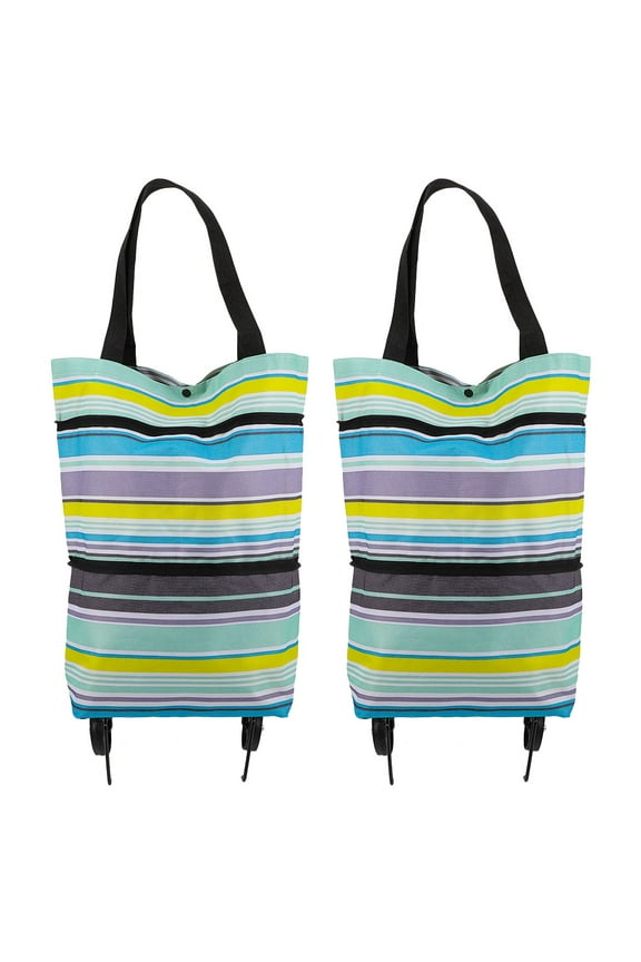 Set of 2 Reusable Foldable Shopping Cart Tote Bags with Wheels for Easy Rolling and Carrying